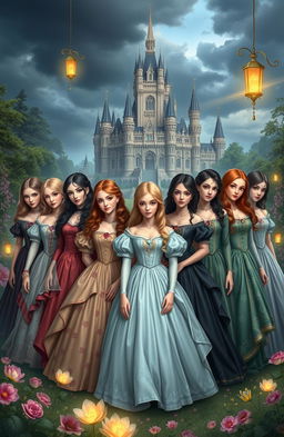 A fantasy artwork depicting twelve sisters, each named after a month: January, February, March, April, May, June, July, August, September, October, November, and December