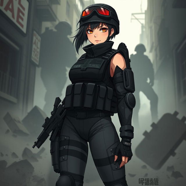 A fierce and elegant female Polish soldier illustrated in a dark anime style, fully outfitted in Special Forces combat gear