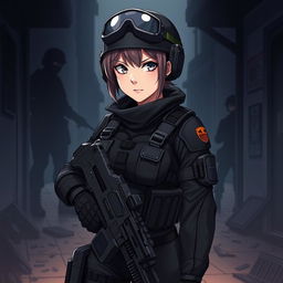 A fierce and elegant female Polish soldier illustrated in a dark anime style, fully outfitted in Special Forces combat gear