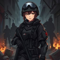 A fierce and elegant female Polish soldier illustrated in a dark anime style, fully outfitted in Special Forces combat gear