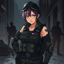 A fierce and elegant female Polish soldier illustrated in a dark anime style, fully outfitted in Special Forces combat gear