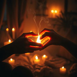 A romantic scene depicting two entwined hands gently holding a glowing ember, surrounded by softly flickering candlelight