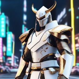 Generate an image of a royal cyberpunk Samurai, dressed in elegant white armor with sleek gold trimmings