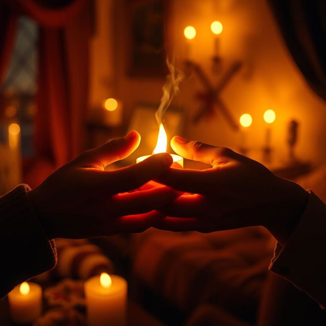 A romantic scene depicting two entwined hands gently holding a glowing ember, surrounded by softly flickering candlelight