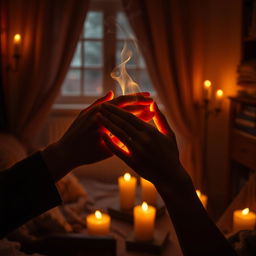 A romantic scene depicting two entwined hands gently holding a glowing ember, surrounded by softly flickering candlelight