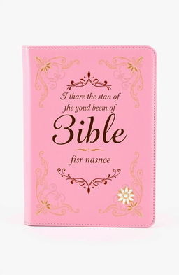 A beautifully designed pink bible cover featuring elegant lettering displaying inspirational verses and a name prominently in front