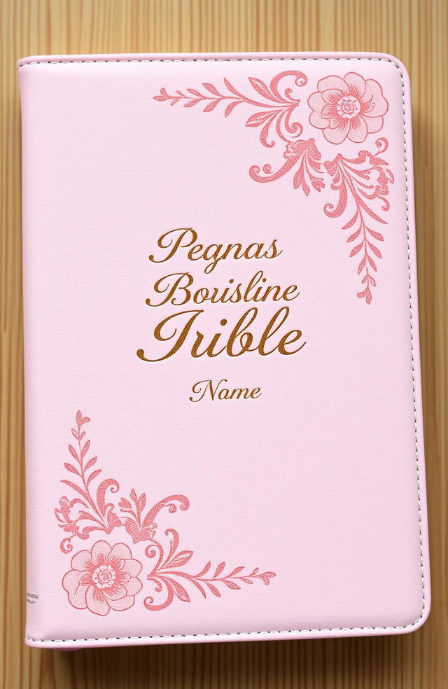 A beautifully designed pink bible cover featuring elegant lettering displaying inspirational verses and a name prominently in front