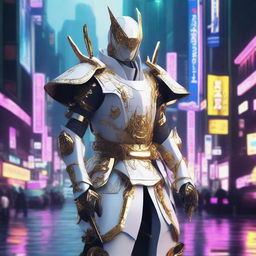 Generate an image of a royal cyberpunk Samurai, dressed in elegant white armor with sleek gold trimmings