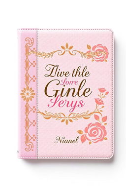 A beautifully designed pink bible cover featuring elegant lettering displaying inspirational verses and a name prominently in front