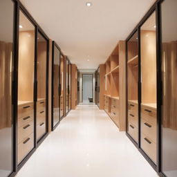 A stylish dressing room featuring sliding glass doors with sleek black frames