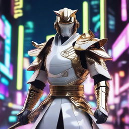 Generate an image of a royal cyberpunk Samurai, dressed in elegant white armor with sleek gold trimmings