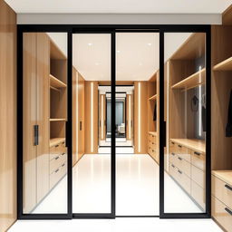 A stylish dressing room featuring sliding glass doors with sleek black frames