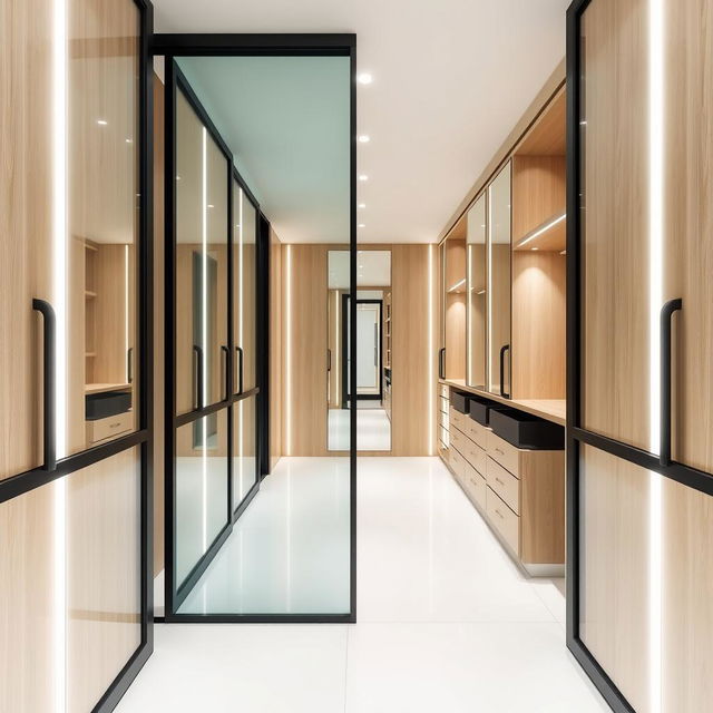 A stylish dressing room featuring sliding glass doors with sleek black frames