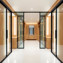 A stylish dressing room featuring sliding glass doors with sleek black frames