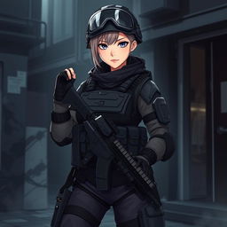 A fierce and elegant female Polish soldier illustrated in a dark anime style, adorned in full Special Forces combat gear