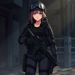 A fierce and elegant female Polish soldier illustrated in a dark anime style, adorned in full Special Forces combat gear