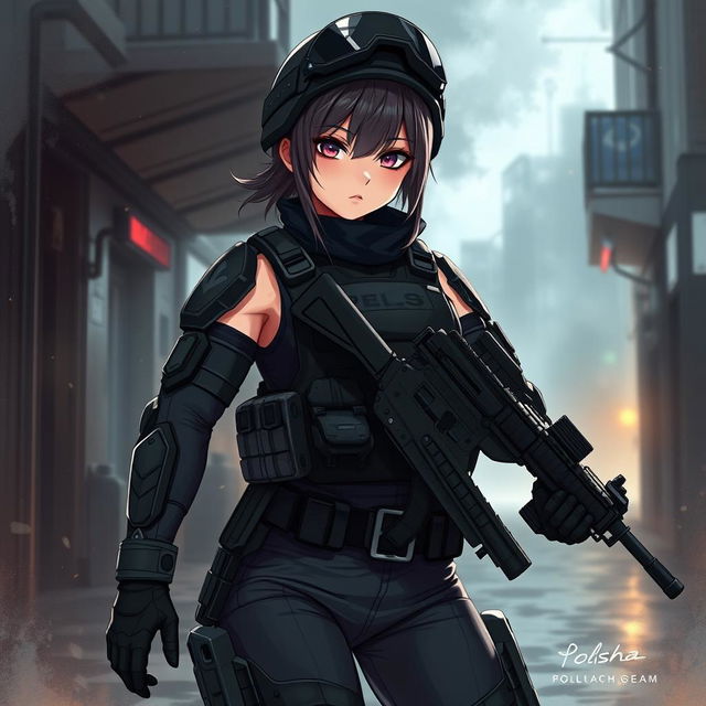 A fierce and elegant female Polish soldier illustrated in a dark anime style, adorned in full Special Forces combat gear