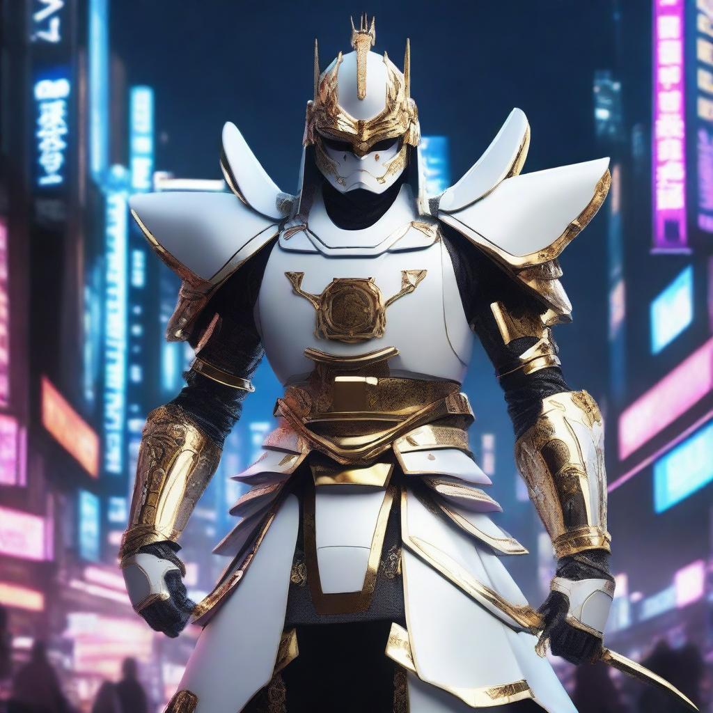 Generate an image of a royal cyberpunk Samurai, dressed in elegant white armor with sleek gold trimmings