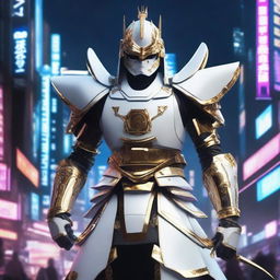 Generate an image of a royal cyberpunk Samurai, dressed in elegant white armor with sleek gold trimmings