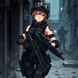 A fierce and elegant female Polish soldier illustrated in a dark anime style, adorned in full Special Forces combat gear