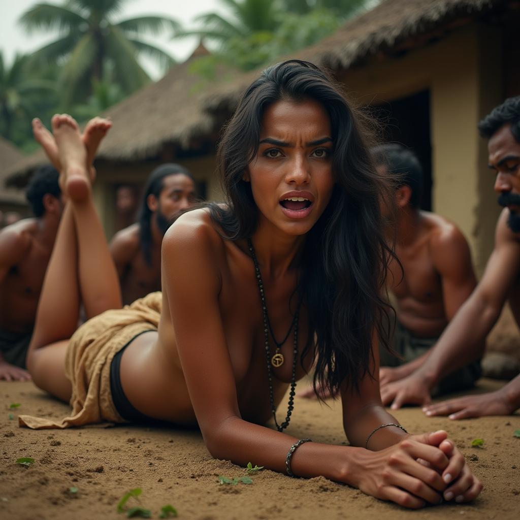 A sultry Indian woman with striking features, long dark hair, and alluring legs, lying on the ground in an Indian village setting