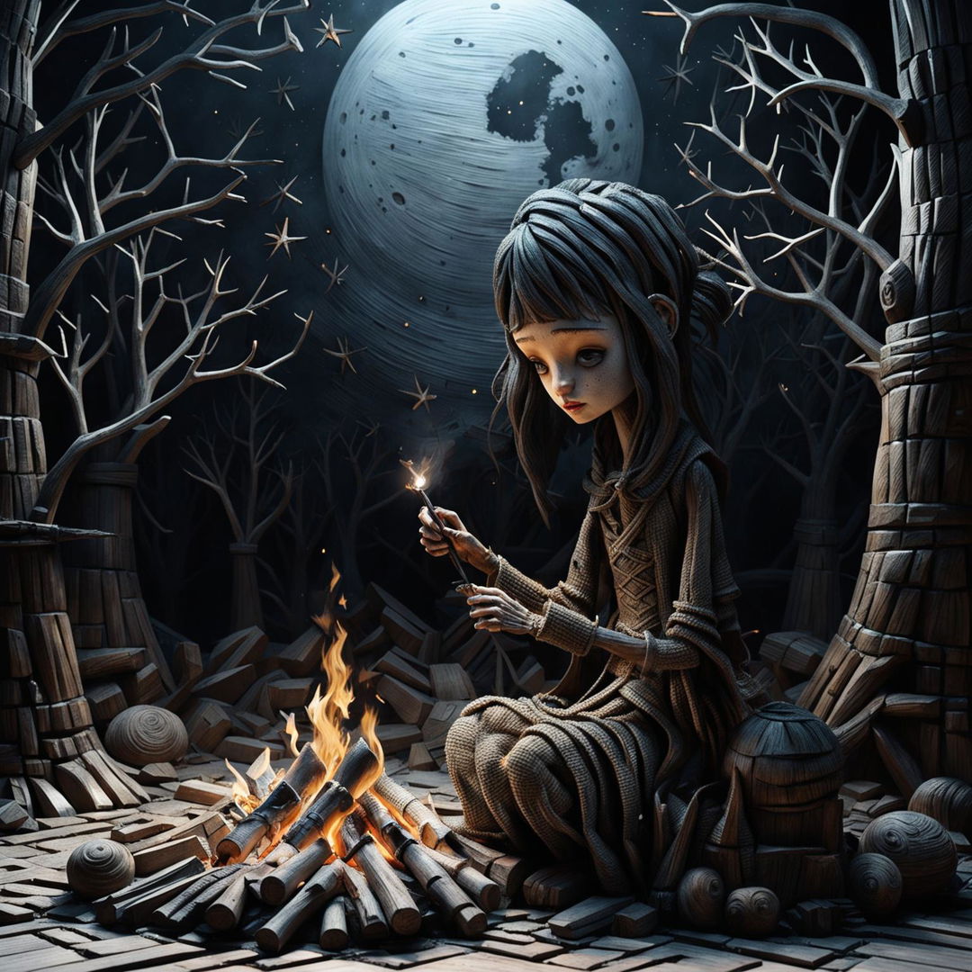 In Tim Burton's style, a beautifully carved wooden woman with an anxious expression starting a campfire in a haunted forest at night, under a crescent moon and stars, accompanied by a black cat