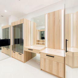 A contemporary dressing room featuring parallel arrangements of light wood furniture, with sliding glass doors framed in black on each piece