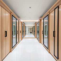A contemporary dressing room featuring parallel arrangements of light wood furniture, with sliding glass doors framed in black on each piece