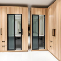 A contemporary dressing room featuring parallel arrangements of light wood furniture, with sliding glass doors framed in black on each piece