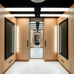 A contemporary dressing room featuring parallel arrangements of light wood furniture, with sliding glass doors framed in black on each piece