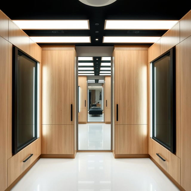 A contemporary dressing room featuring parallel arrangements of light wood furniture, with sliding glass doors framed in black on each piece