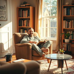A man seated comfortably in a cozy room, relaxed in an armchair with a content look on his face