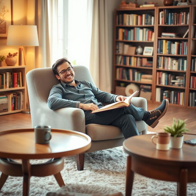 A man seated comfortably in a cozy room, relaxed in an armchair with a content look on his face