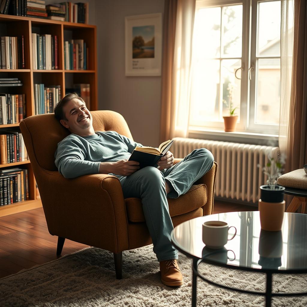 A man seated comfortably in a cozy room, relaxed in an armchair with a content look on his face