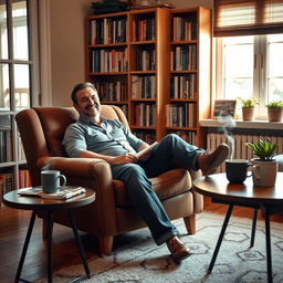 A man seated comfortably in a cozy room, relaxed in an armchair with a content look on his face