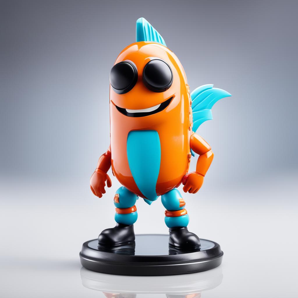 A 32k HD editorial photo of a detailed Fortnite Fishstick Funko Pop doll standing on a reflective surface against a blurred white background