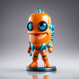 A 32k HD editorial photo of a detailed Fortnite Fishstick Funko Pop doll standing on a reflective surface against a blurred white background