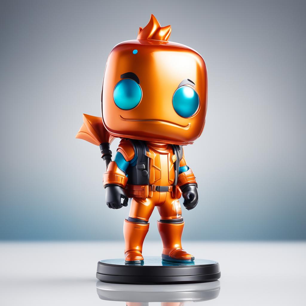 A 32k HD editorial photo of a detailed Fortnite Fishstick Funko Pop doll standing on a reflective surface against a blurred white background