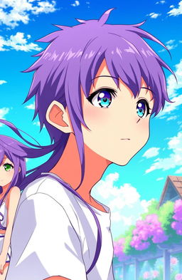 An illustrated scene featuring an anime guy with striking blue sky eyes, capturing a moment of awe as he falls in love with a girl he has never met
