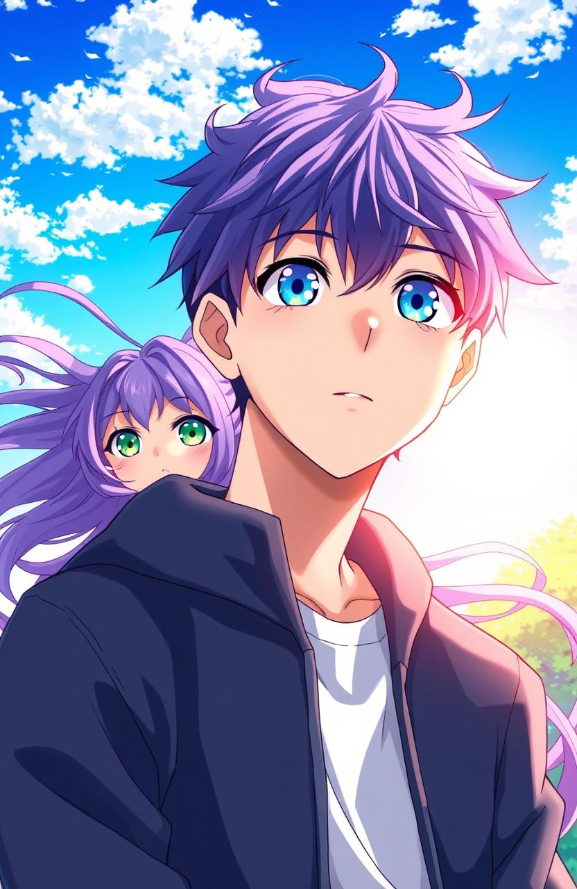 An illustrated scene featuring an anime guy with striking blue sky eyes, capturing a moment of awe as he falls in love with a girl he has never met