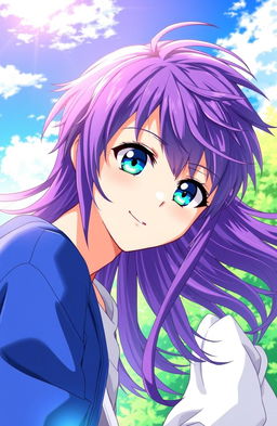 An illustrated scene featuring an anime guy with striking blue sky eyes, capturing a moment of awe as he falls in love with a girl he has never met