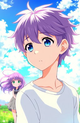 An illustrated scene featuring an anime guy with striking blue sky eyes, capturing a moment of awe as he falls in love with a girl he has never met
