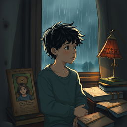 A poignant scene from a story titled 'Echoes of Solitude', depicting a solitary young boy in a dimly lit room, gazing out of a rain-streaked window