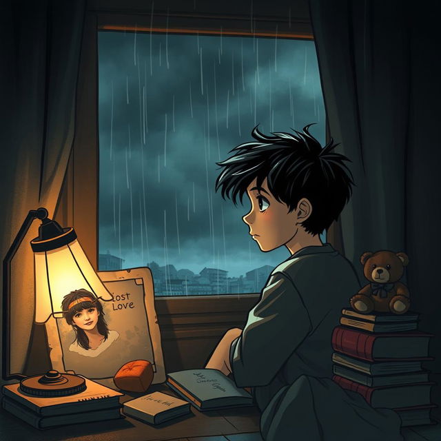 A poignant scene from a story titled 'Echoes of Solitude', depicting a solitary young boy in a dimly lit room, gazing out of a rain-streaked window