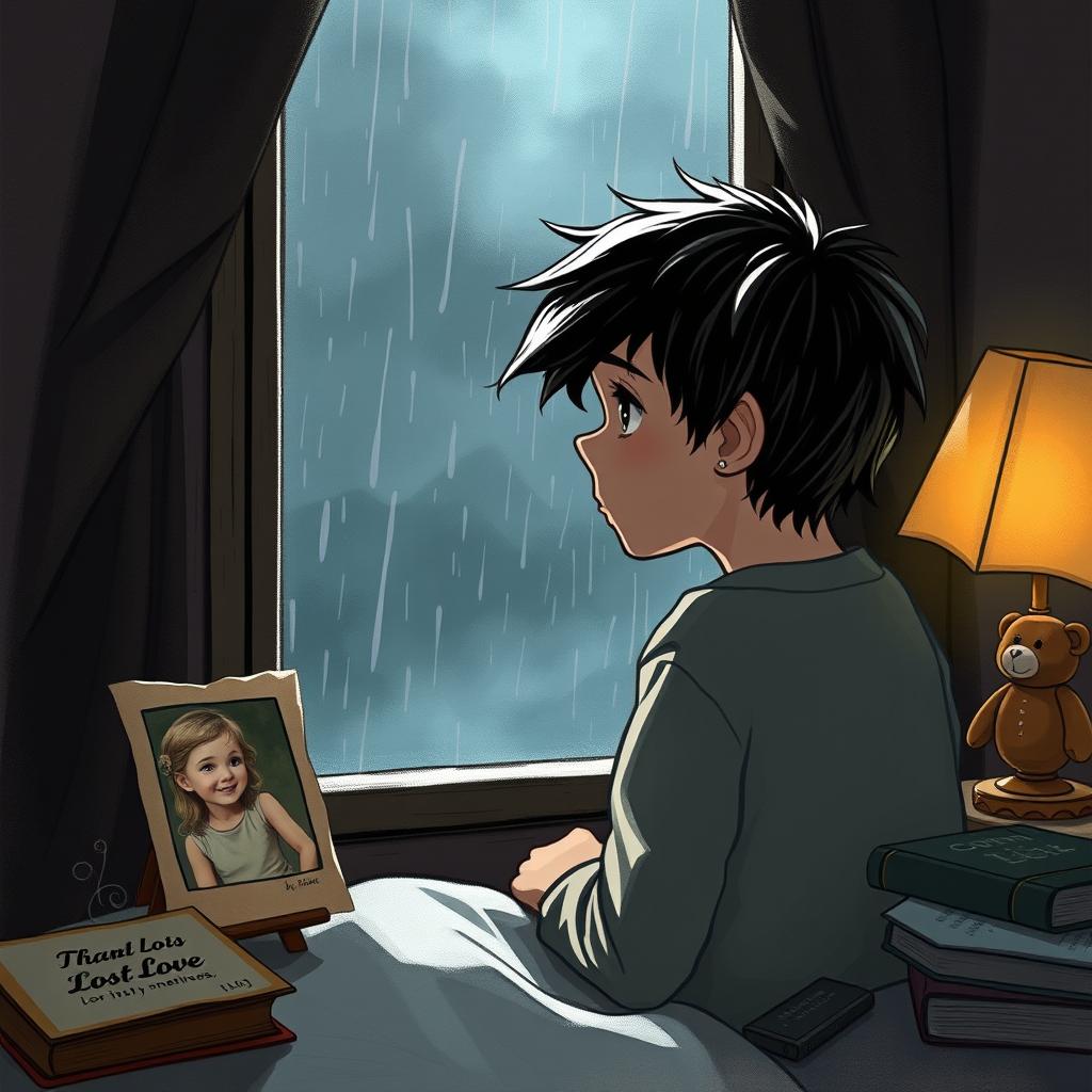 A poignant scene from a story titled 'Echoes of Solitude', depicting a solitary young boy in a dimly lit room, gazing out of a rain-streaked window