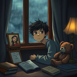 A poignant scene from a story titled 'Echoes of Solitude', depicting a solitary young boy in a dimly lit room, gazing out of a rain-streaked window
