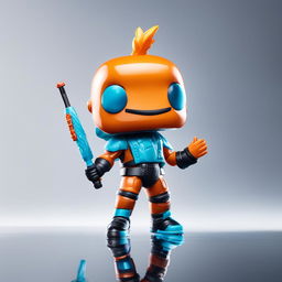 A 32k HD editorial photo of a detailed Fortnite Fishstick Funko Pop doll standing on a reflective surface against a blurred white background