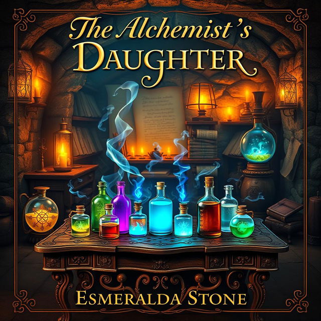 A captivating book cover design for 'The Alchemist's Daughter' by Esmeralda Stone