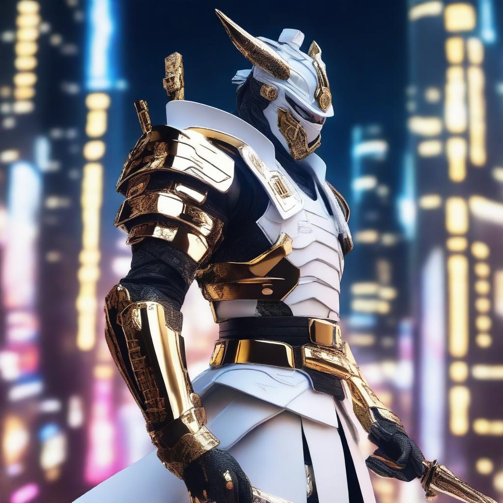 Generate an image of a regal Cyberpunk Samurai, outfitted in gleaming white armor with gold accents