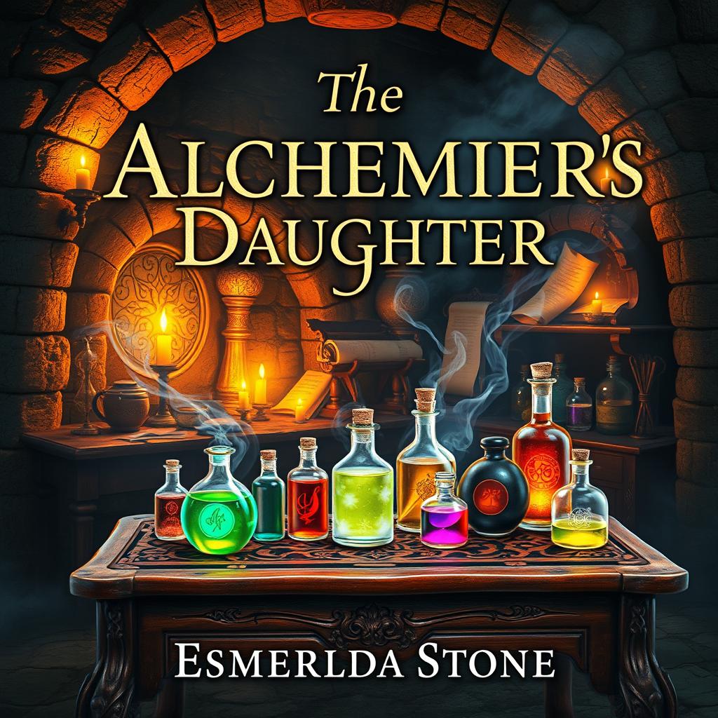 A captivating book cover design for 'The Alchemist's Daughter' by Esmeralda Stone